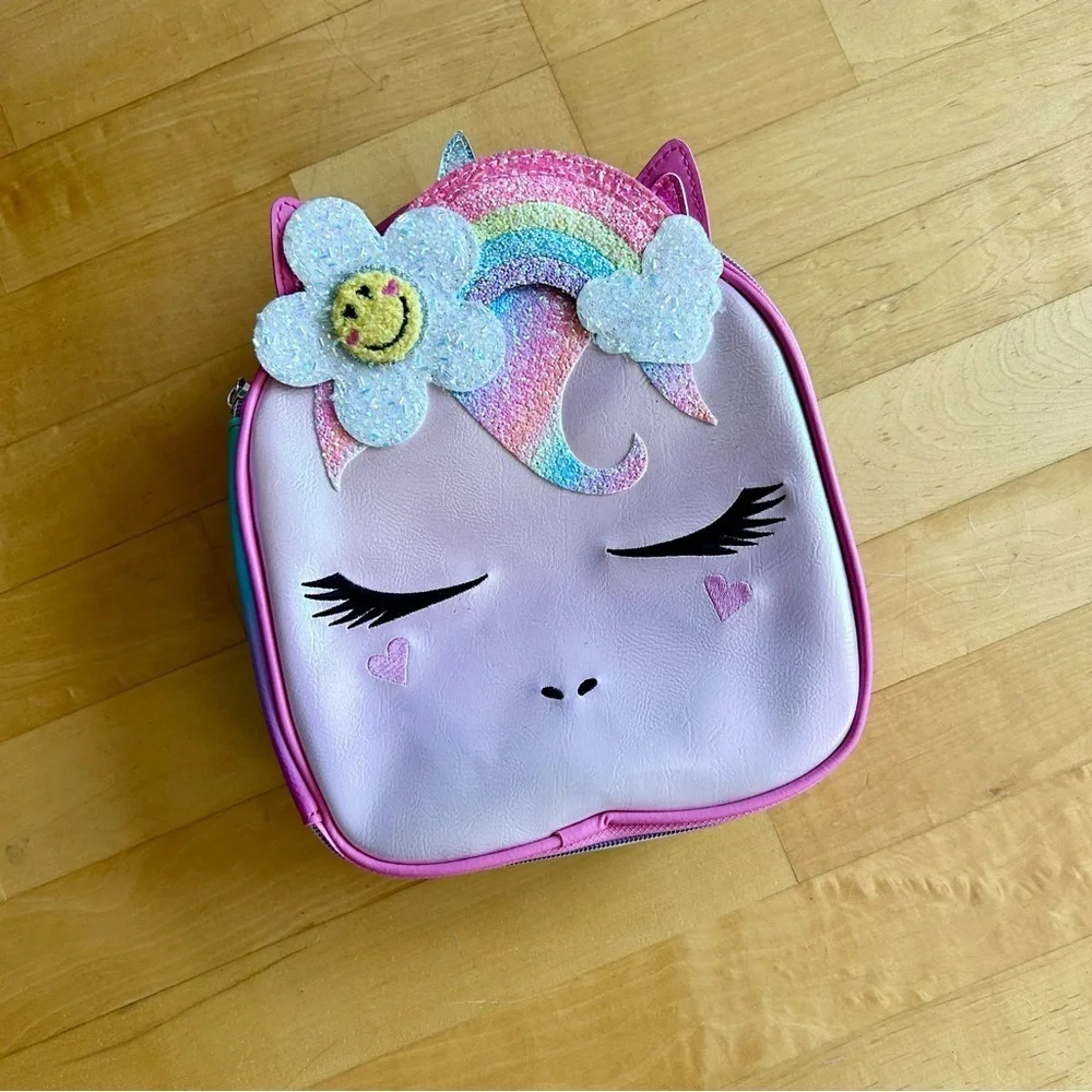 Sparkly Unicorn Kids Insulated Lunch Cooler with Rainbow + Flower Accents, Pink